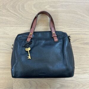Fossil black leather Boston handbag with signature key charm